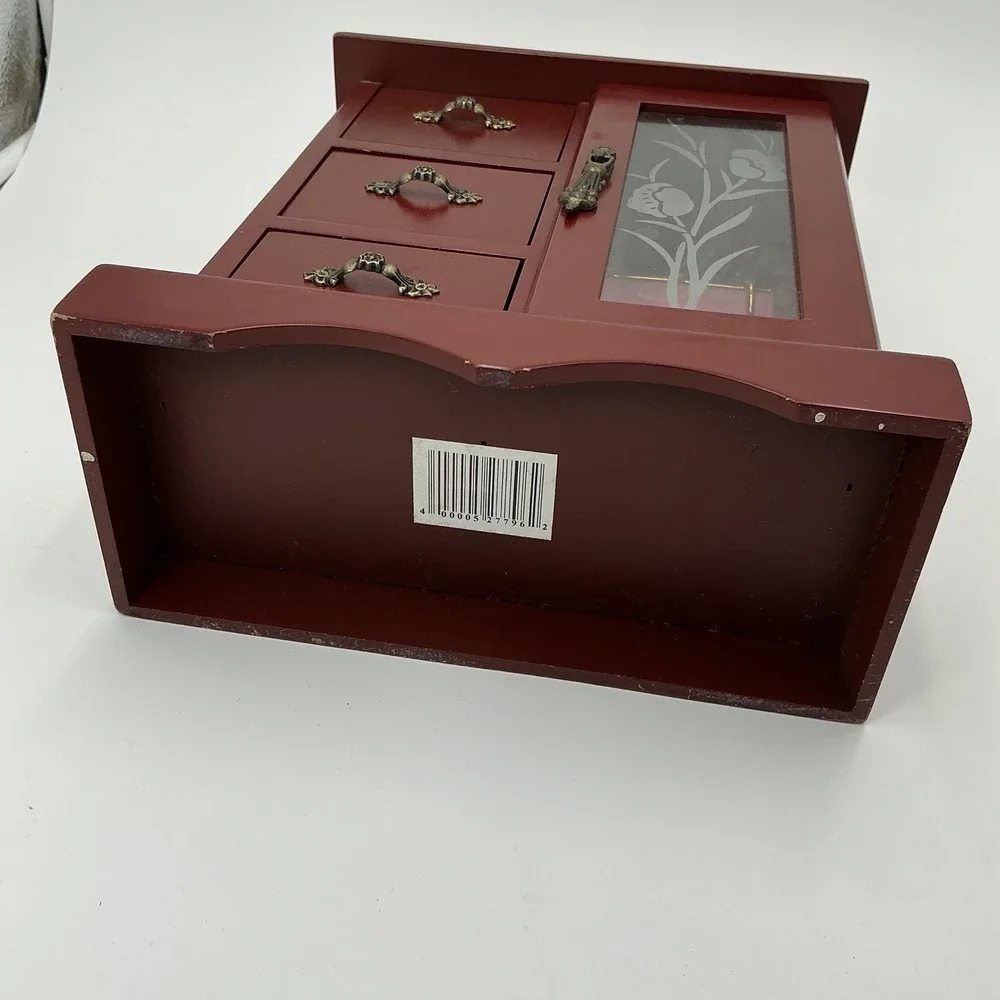 Vintage Wood Jewelry Armoire Burgundy Red 3 Drawer Floral Etched Glass Mirror